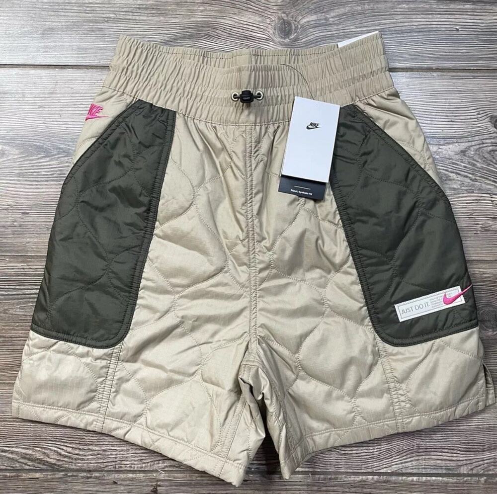 Nike Women’s Quilted Drawstring 5” Shorts Tan Olive FB7258-247 Size XS NWT $120